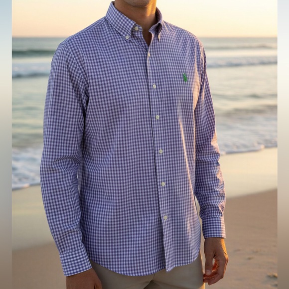 Polo Ralph Lauren Long Sleeve Dress Shirt Purple White Gingham Check Stretch S - Picture 7 of 8